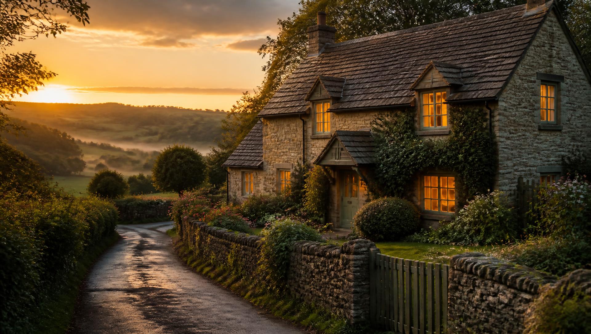Stone holiday cottage in the countryside at golden hour
